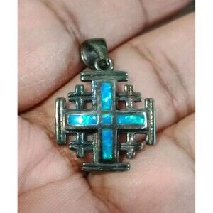 Jerusalem Cross  Sterling Silver Opal Vintage Pendant